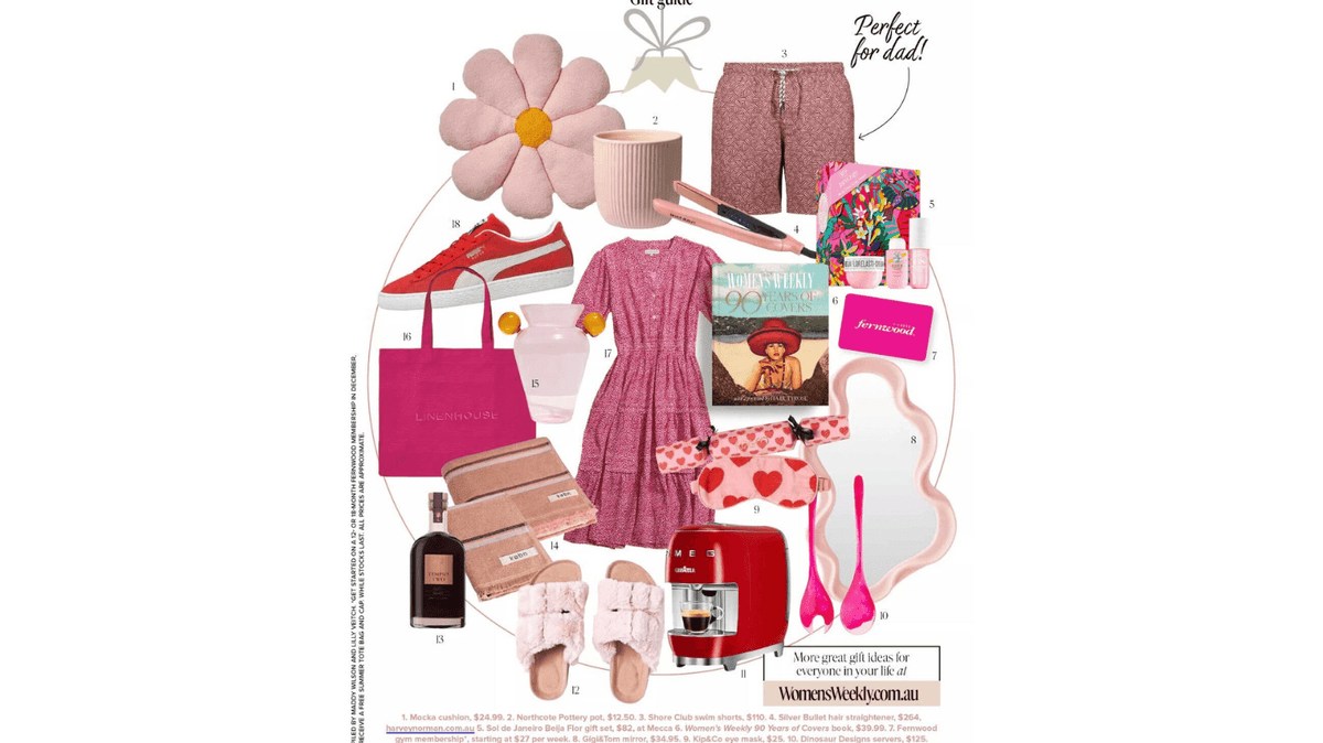 Gift guide collage featuring Gingerlilly Sleepwear pink dress, slippers, homewares, and accessories