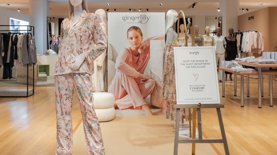 Gingerlilly pyjama display at the David Jones Mother's Day pop-up, featuring a floral pyjama set on a mannequin beside branded signage