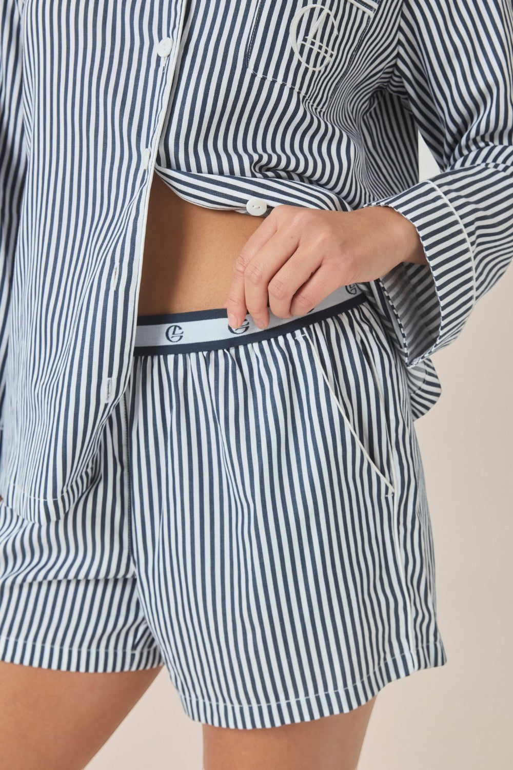 Gingerlilly Susanna Cotton Long Sleeve Shortie PJ Set - Navy Stripe - Detail