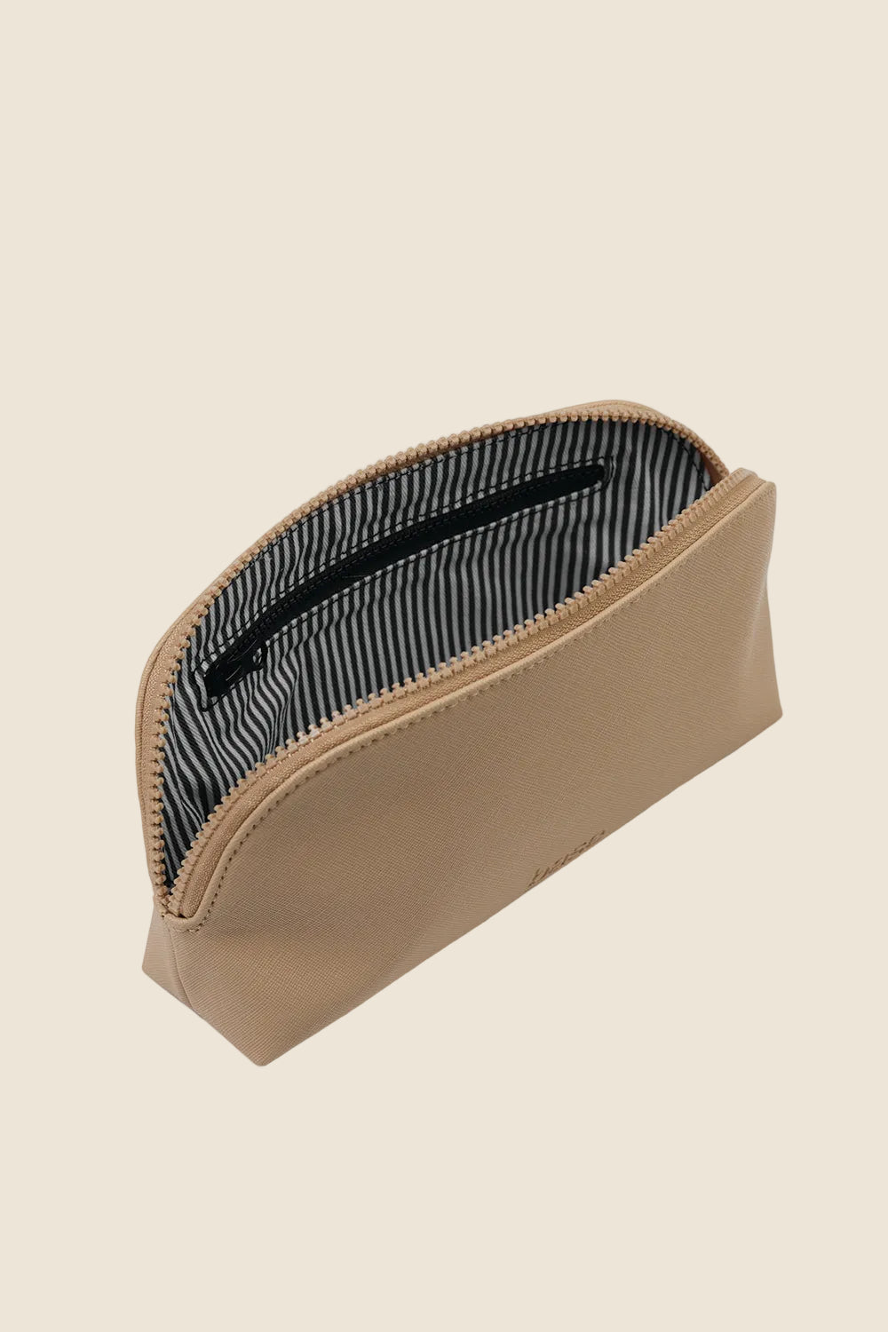 Beige cosmetic pouch with black and white striped lining, Gingerlilly Sleepwear accessory
