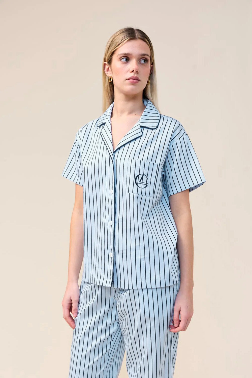 Woman wearing the Lisa Stripe Long Pant PJ Set in Blue, alternate front view