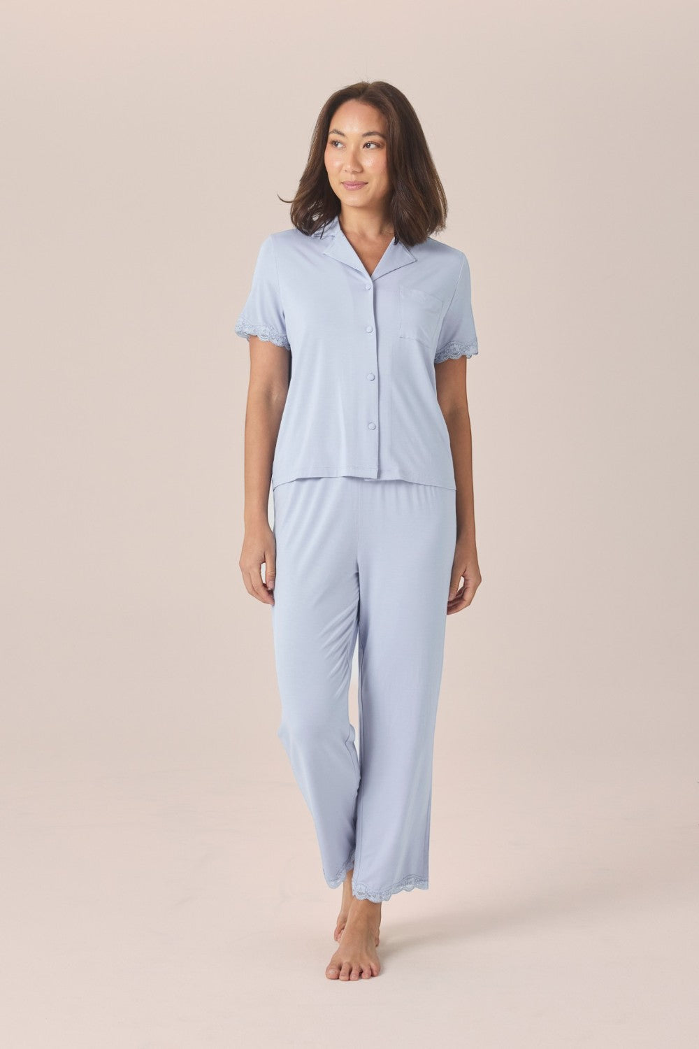 Gingerlilly Dianne Bamboo Long PJ Set with Lace - Blue - Front