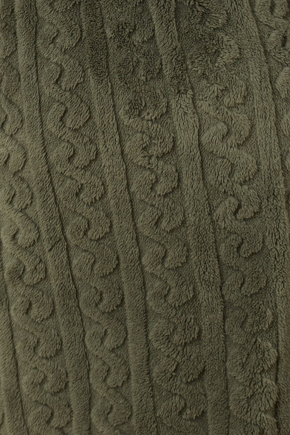 Close-up of textured green olive fabric with a cable knit pattern for the Gabriella Plush Long Robe