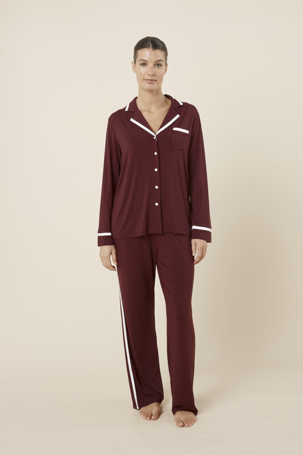 Grace Bamboo PJ Set Burgundy front view, relaxed fit bamboo sleepwear set with full length pants and contrast trim
