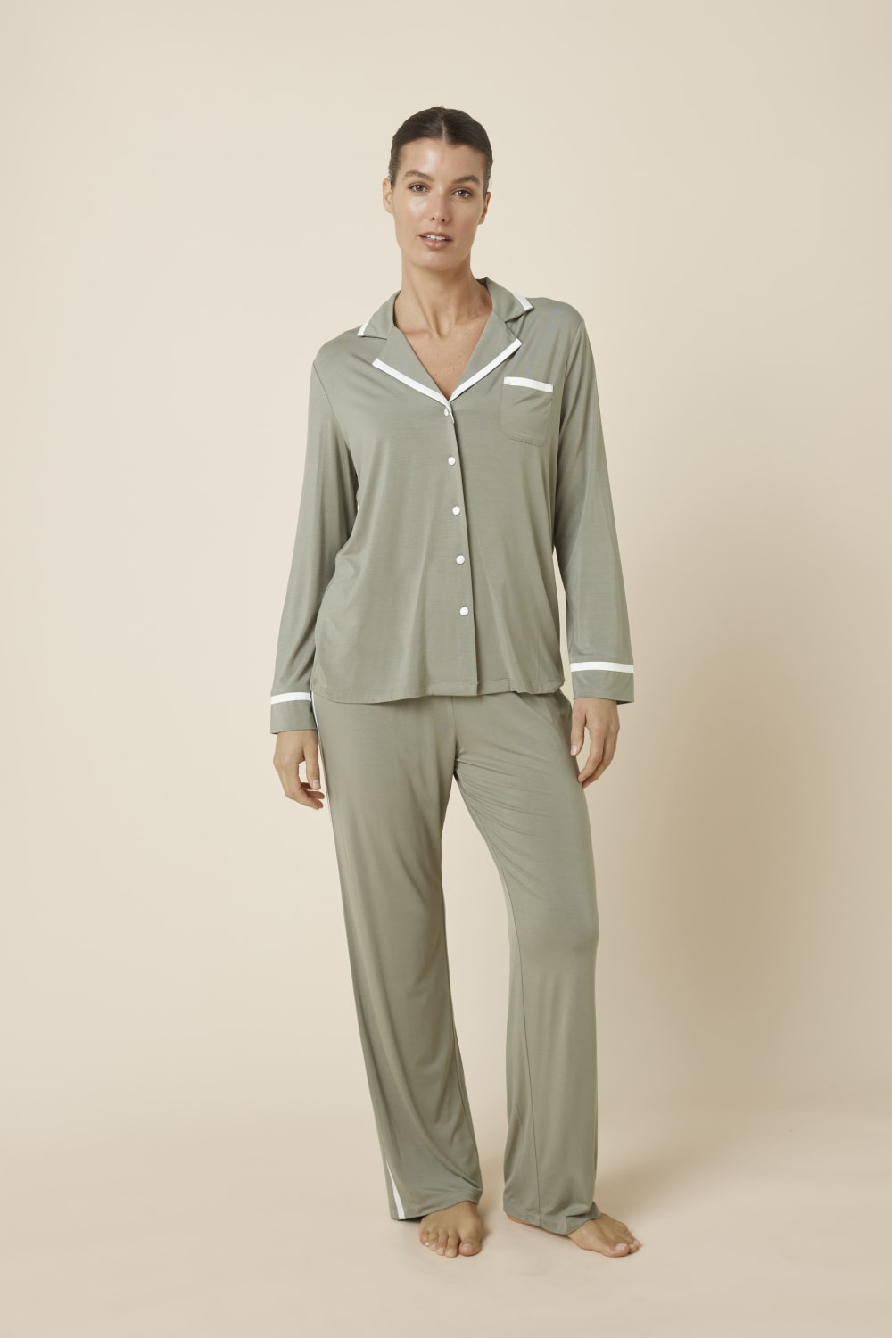 Grace Bamboo PJ Set Olive standing model view, breathable bamboo nightwear with piped collar and chest pocket detail