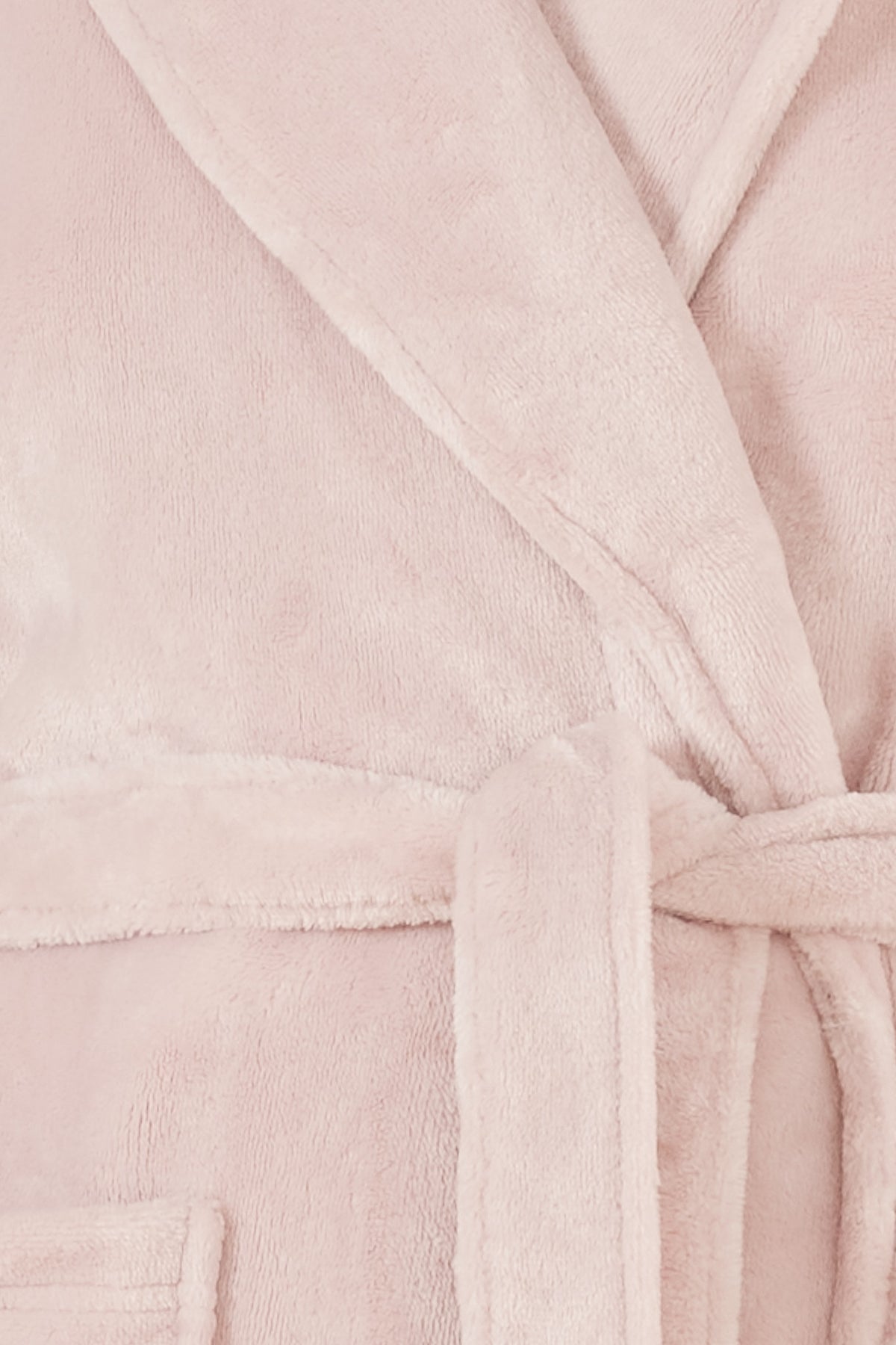 Close up of Imogin Pink Plush Robe wrap belt and plush fleece fabric texture