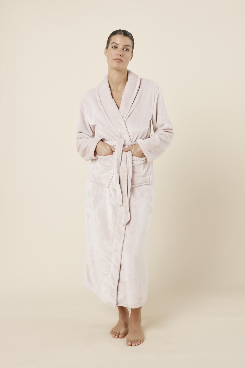 Woman wearing Imogin Pink Plush Robe full length view, plush fleece robe with long sleeves and waist tie