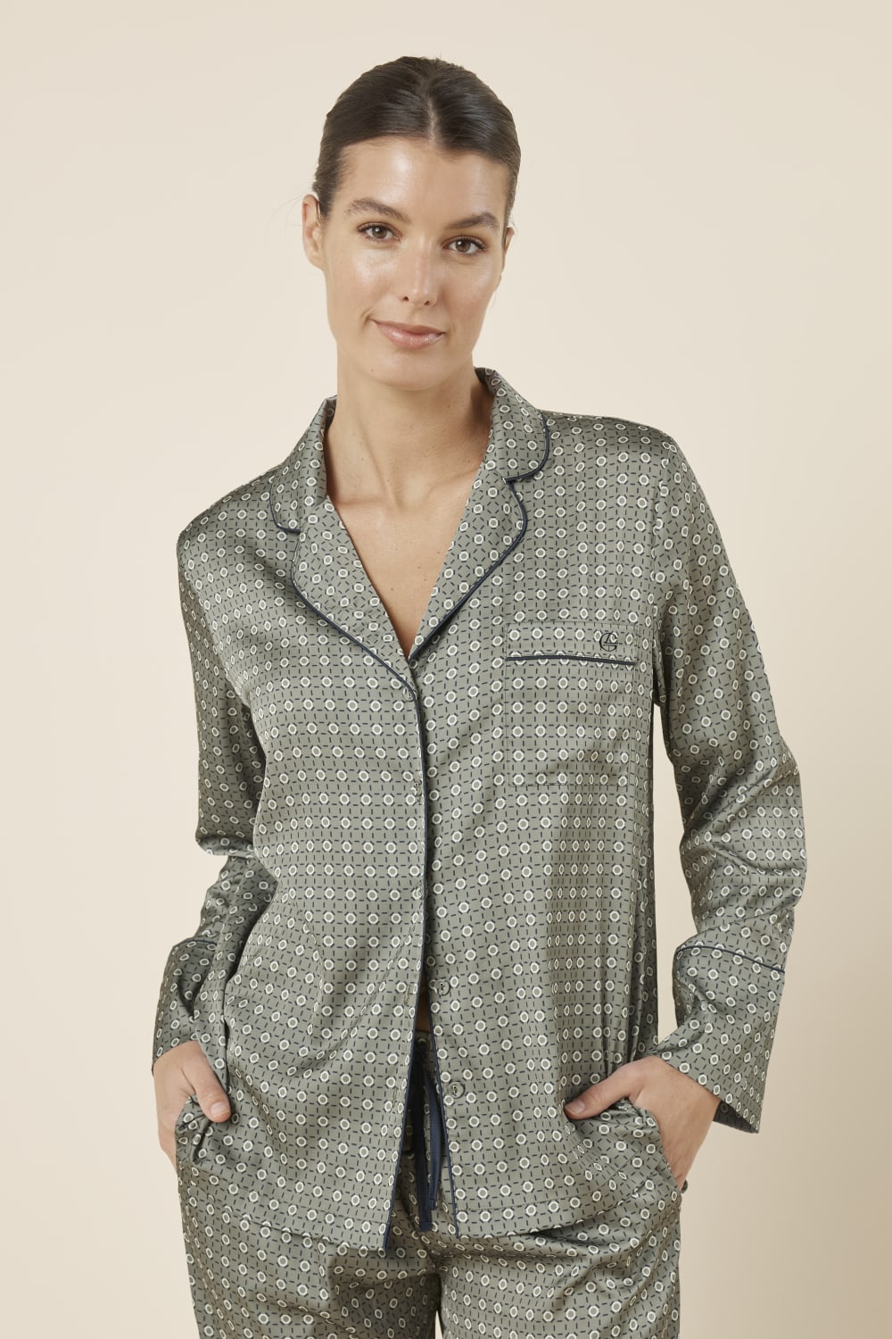 Gingerlilly Kienna Geo Printed Silky Satin PJ Set - Olive - Detail