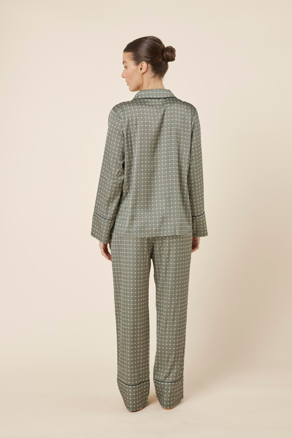 Gingerlilly Kienna Geo Printed Silky Satin PJ Set - Olive - Back