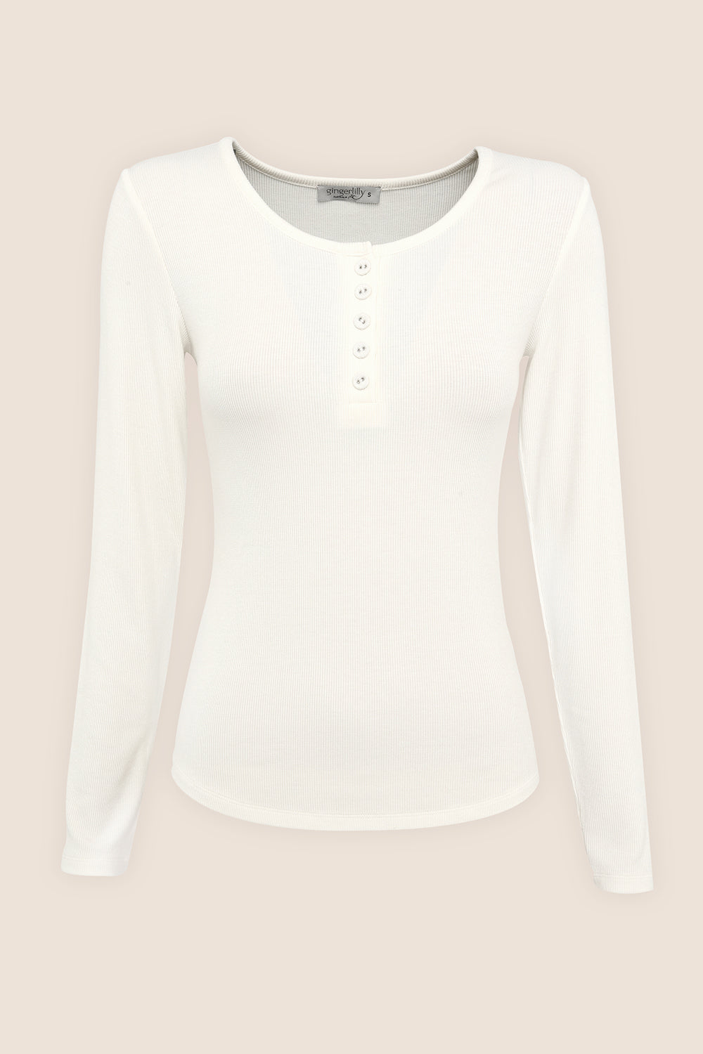 Lille Ribbed Long Sleeve Henley Top Ivory Ecru product image showing ribbed long sleeve henley top with curved hem