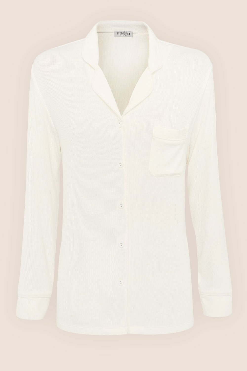 Ivory long-sleeve button-up sleep shirt with pocket by Gingerlilly Sleepwear