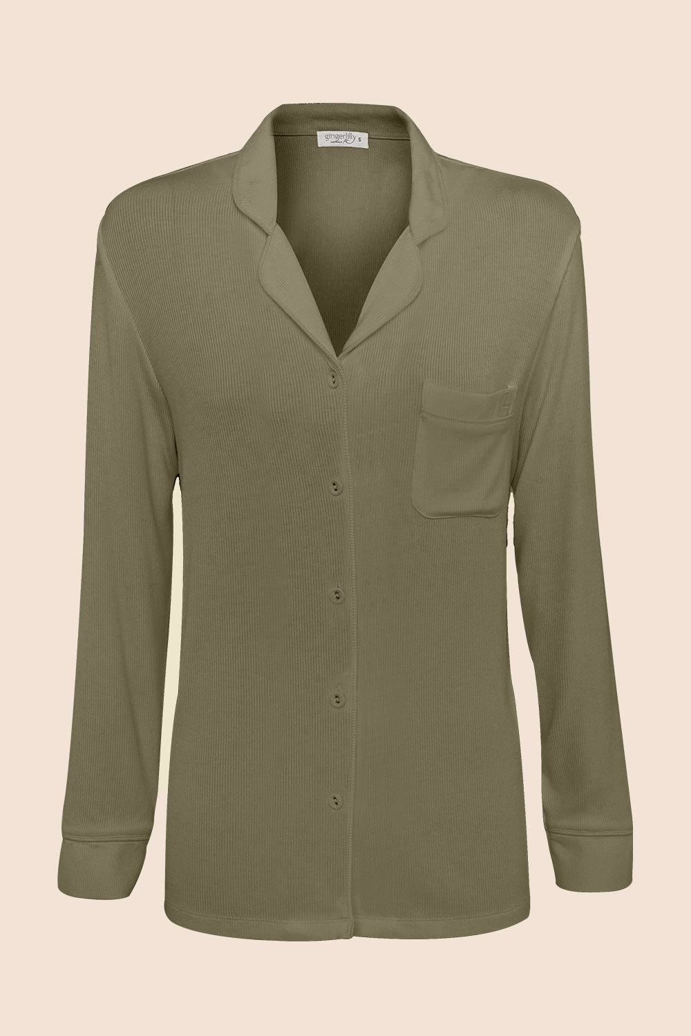 Gingerlilly London Ribbed Long Sleeve Button Up PJ Top - Olive - Flat lay