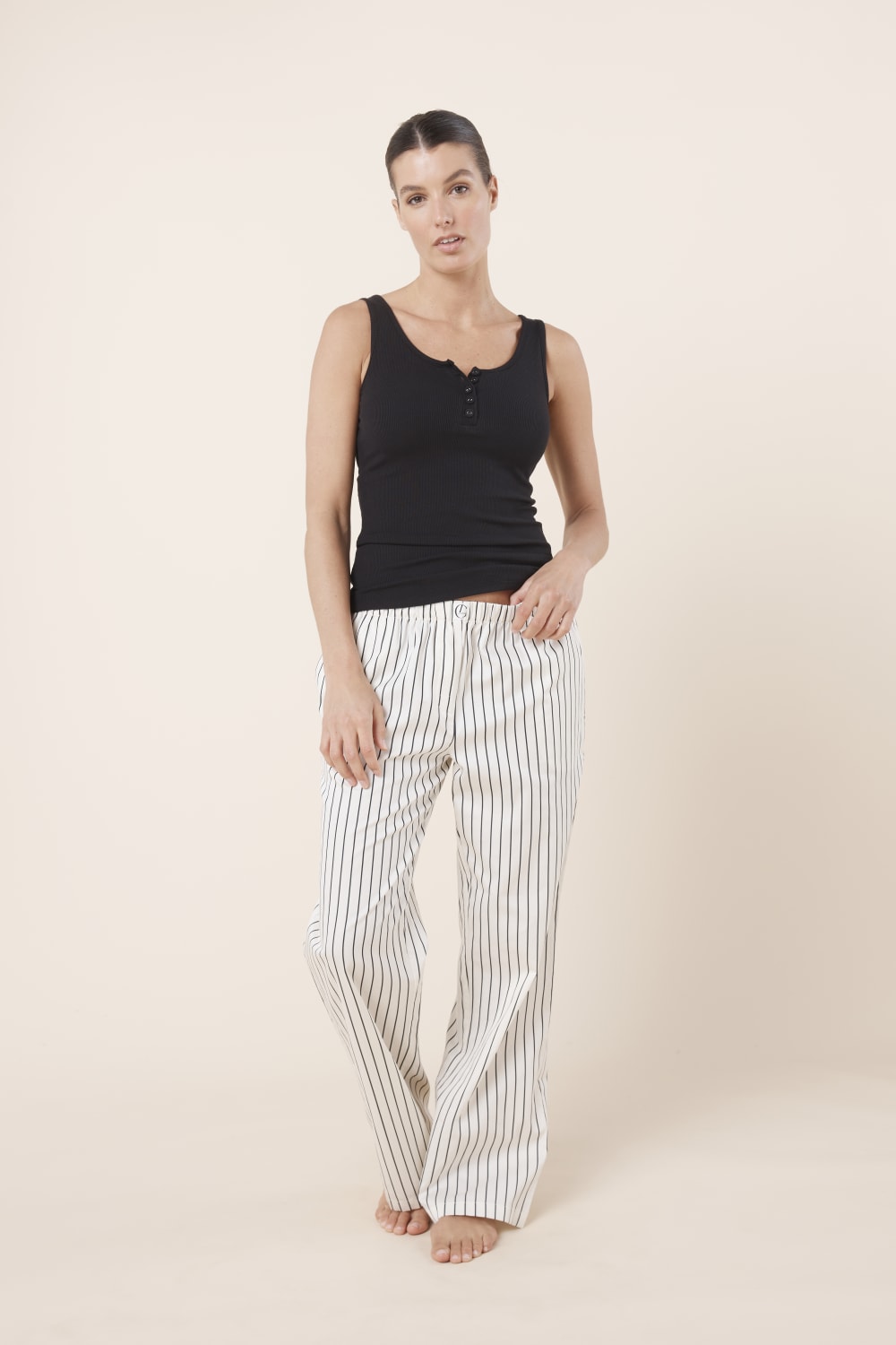 Gingerlilly Willow Cotton Striped Pant - Ecru - Front