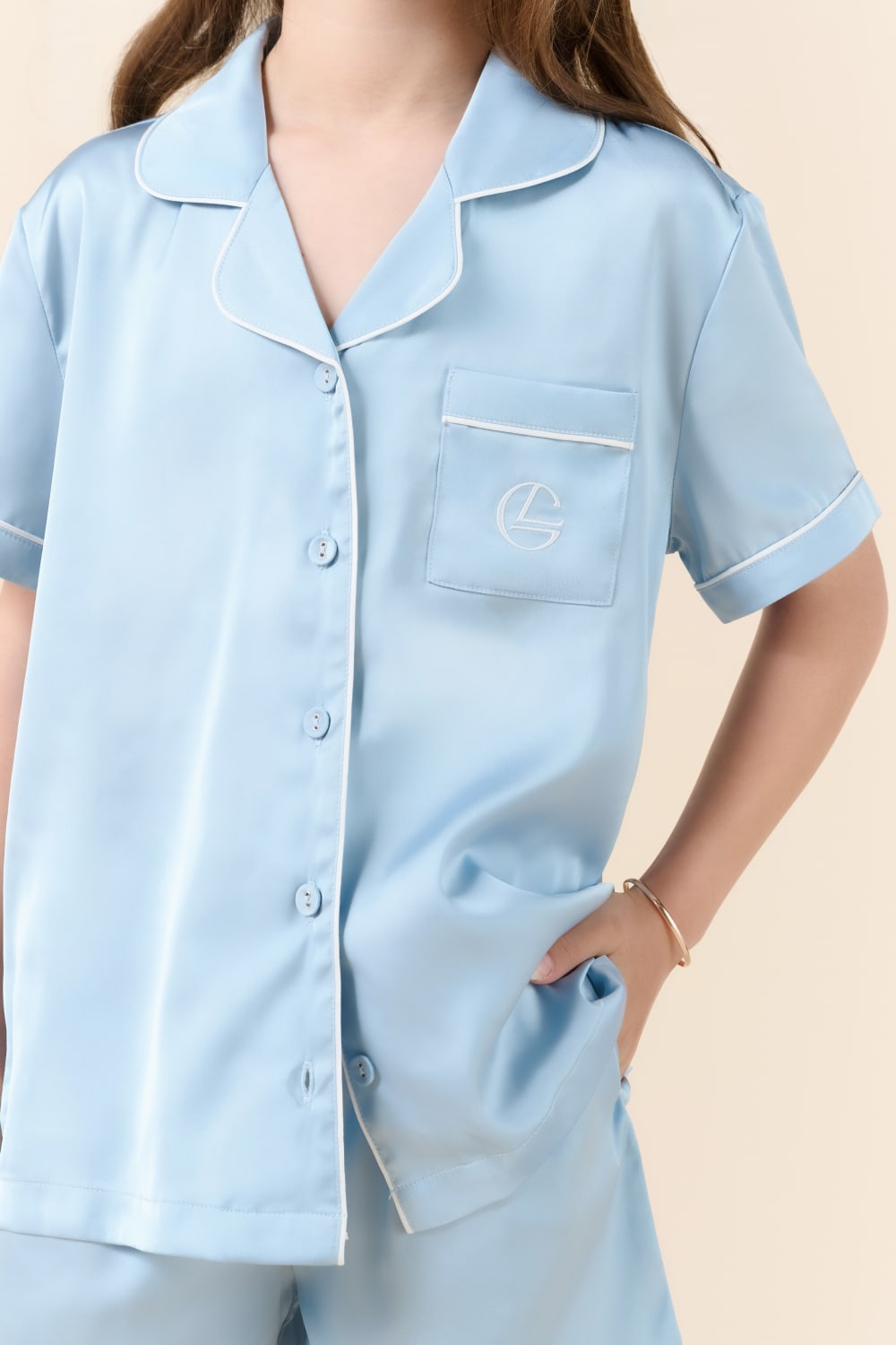 Gingerlilly Mini Sonia Silky Satin Short PJ Set - Blue - Detail