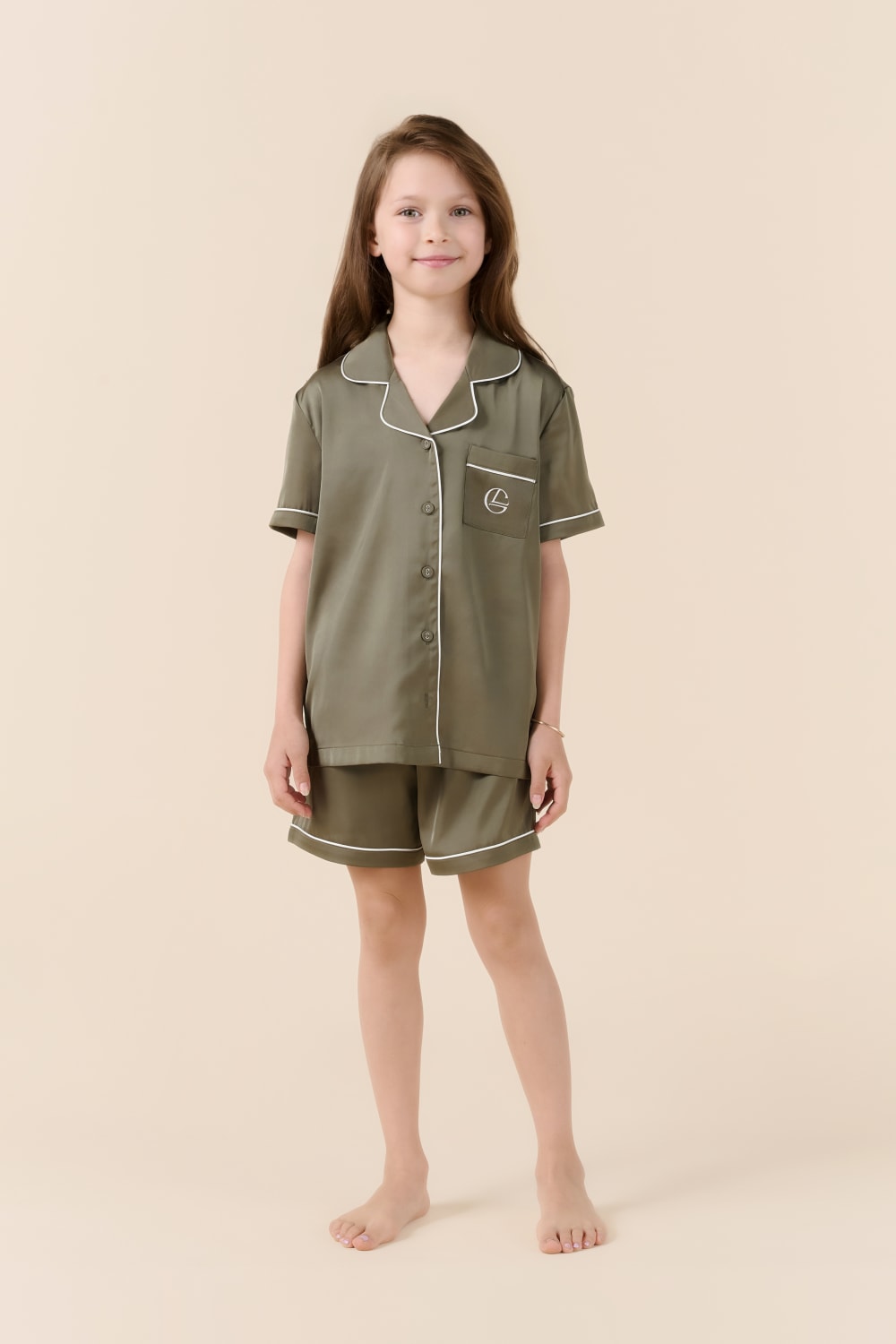 Gingerlilly Mini Sonia Silky Satin Short PJ Set - Olive - Front