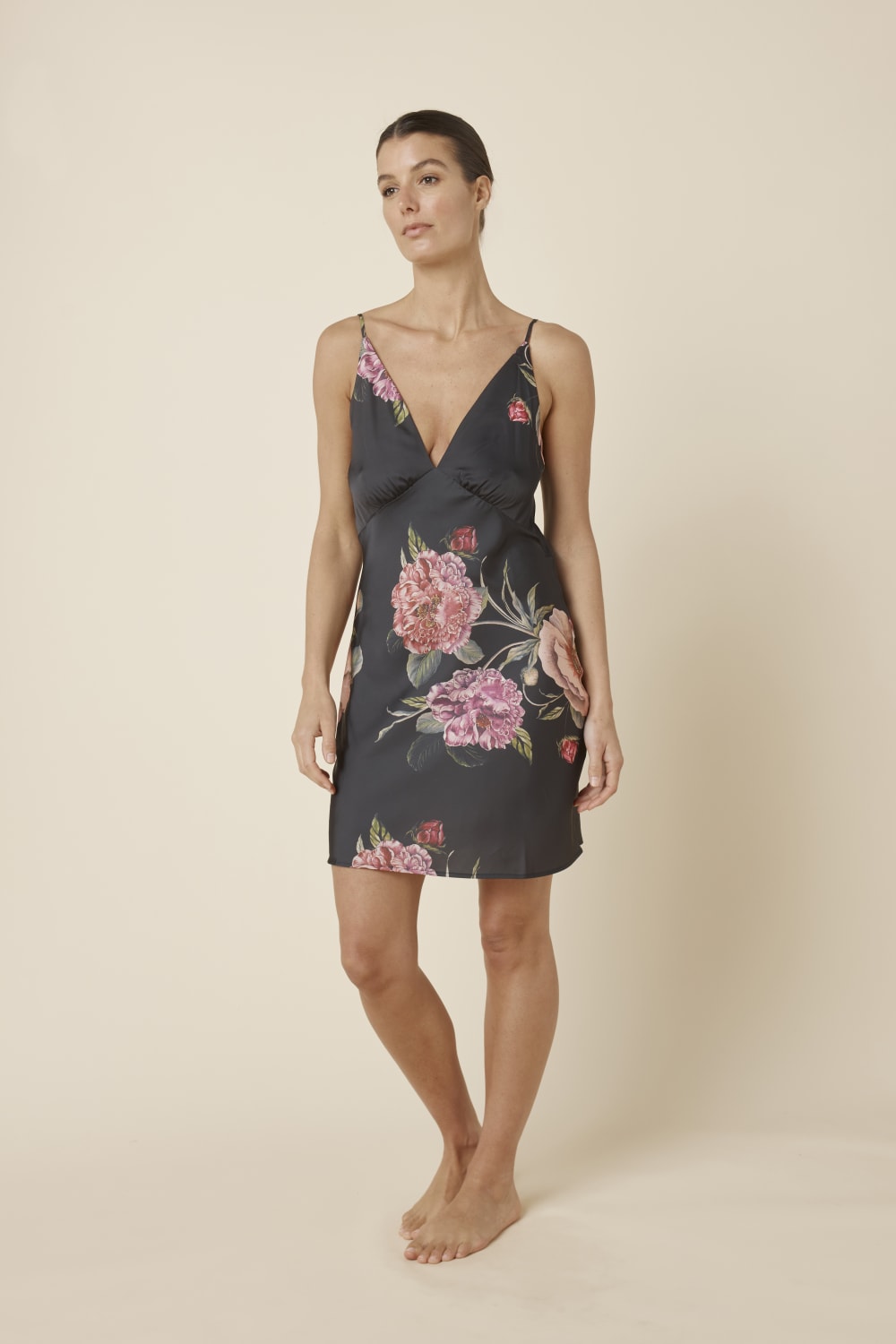Gingerlilly Piper Floral Silky Satin Nightie - Black - Side