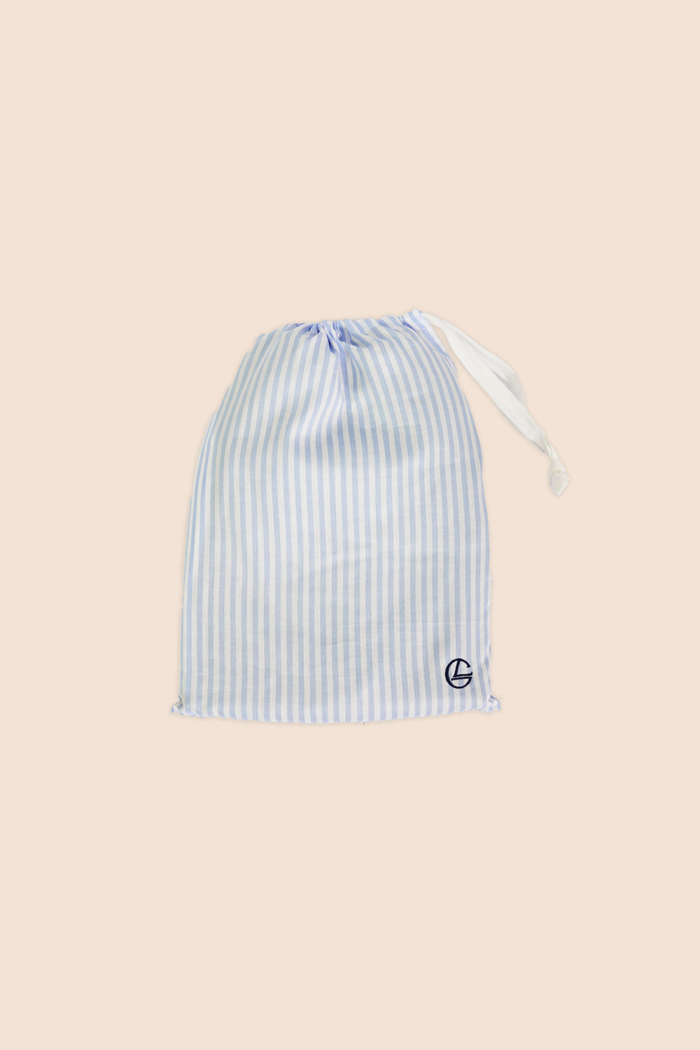 Drawstring bag with blue and white stripes on a beige background