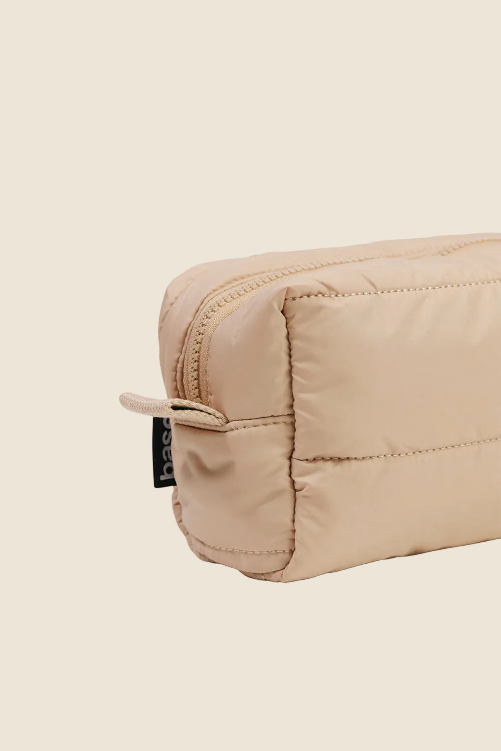 Beige quilted pouch bag with zipper, studio product shot, Gingerlilly Sleepwear accessory