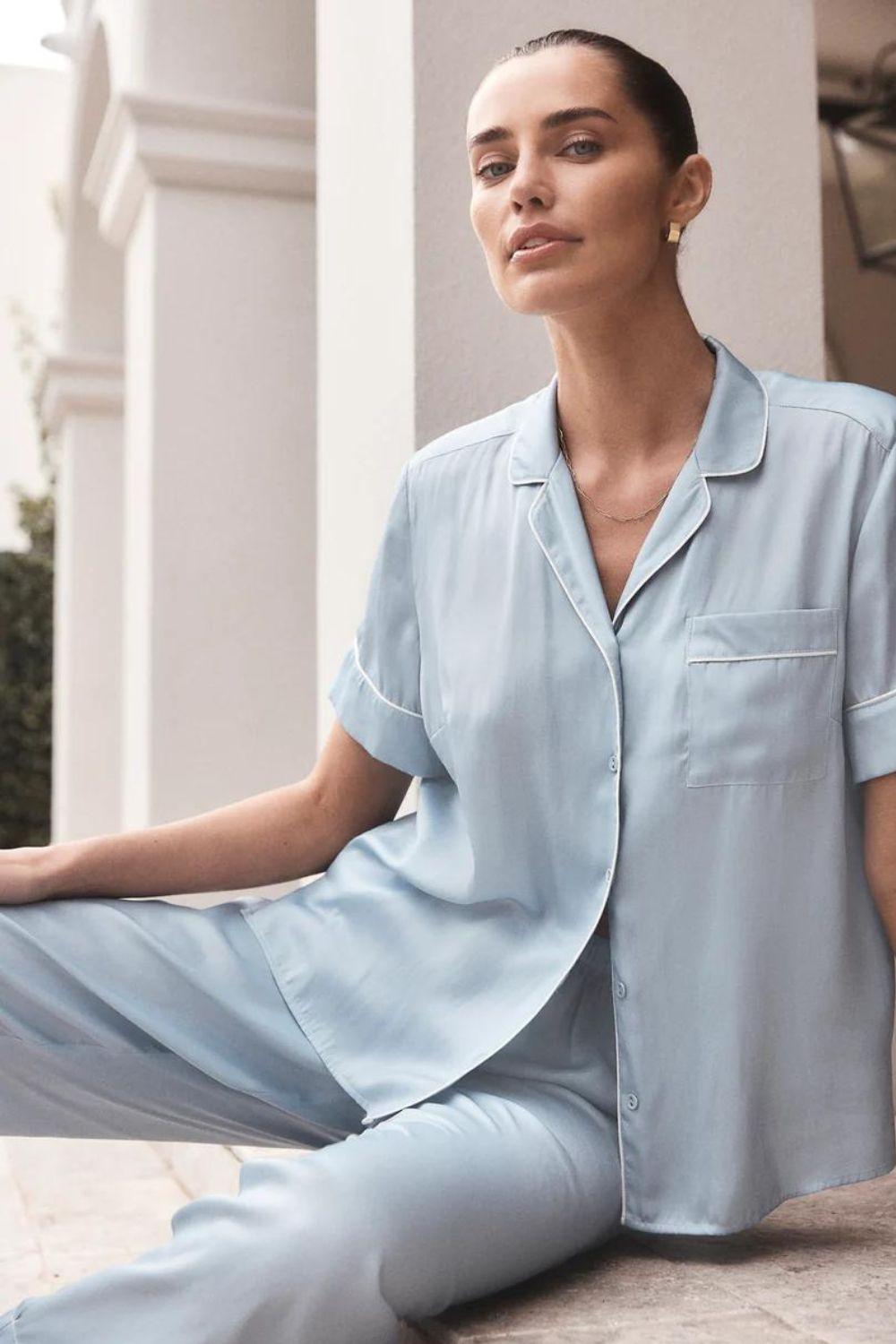 Aileen Blue Satin Crop Pant PJ Set Gingerlilly Sleepwear