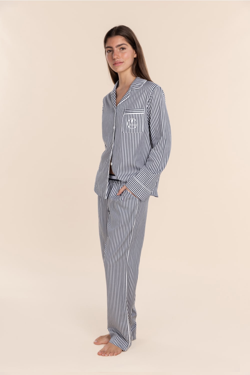 Gingerlilly Susanna Cotton Long PJ Set - Navy Stripe - Front