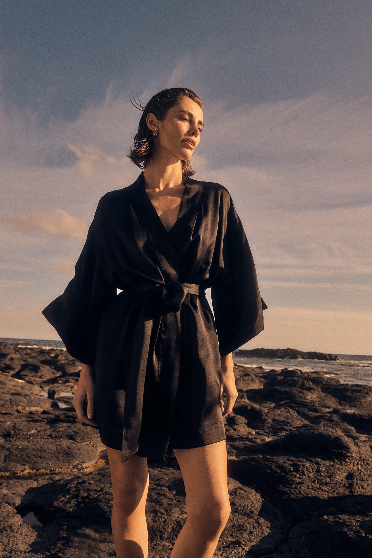 Gingerlilly Diamond Pure Silk Black Short Robe - Lifestyle
