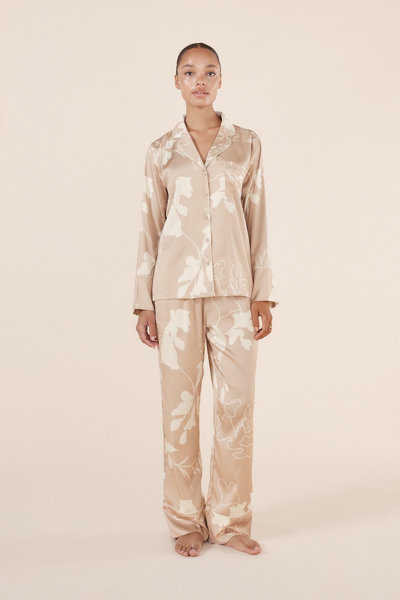 Women's Beige Pyjama Silky Satin Sleepwear by Gingerlilly