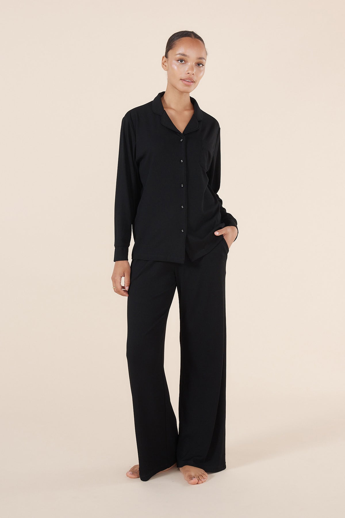 Gingerlilly Emilia Ribbed Lounge PJ Set - Black - Front