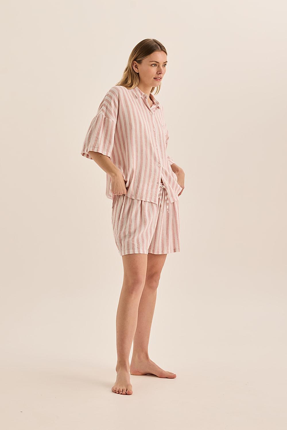 Evie Pink Stripe Linen Short Set - Gingerlilly Sleepwear
