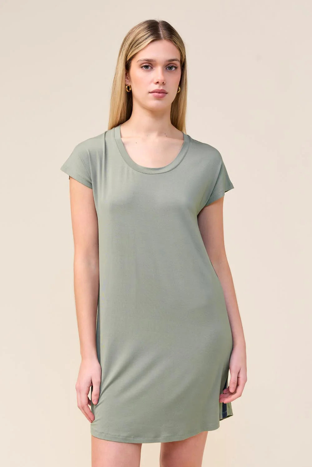 Woman wearing the Ashley Bamboo Sleep Tee in Olive, close front view of the scoop neckline