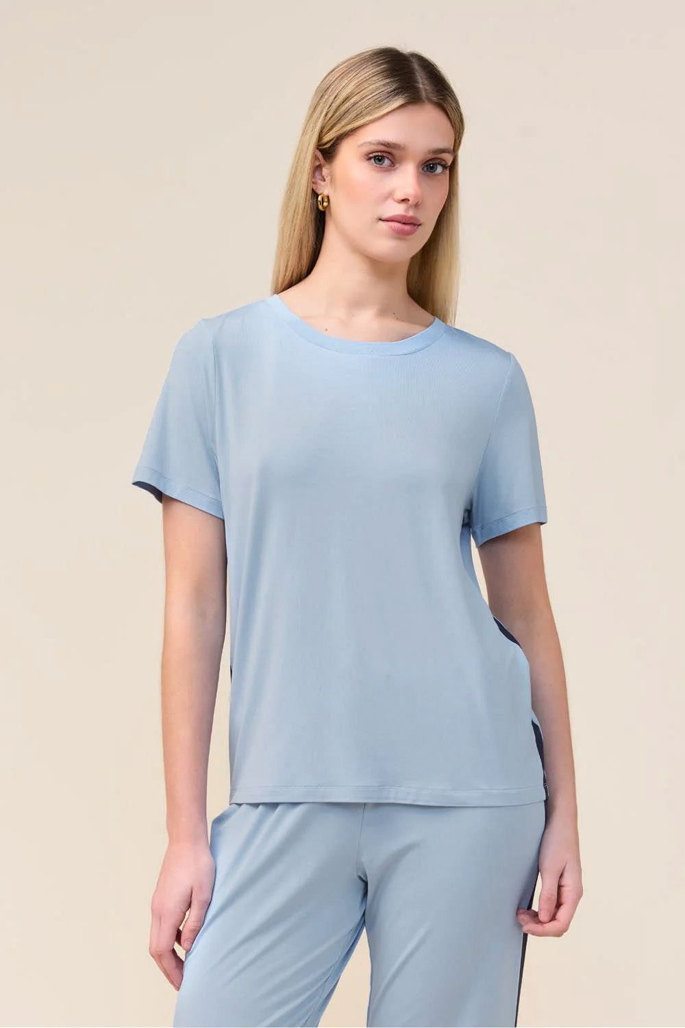 Woman wearing the Bronte Bamboo T-Shirt with Stripe in Blue, close front view