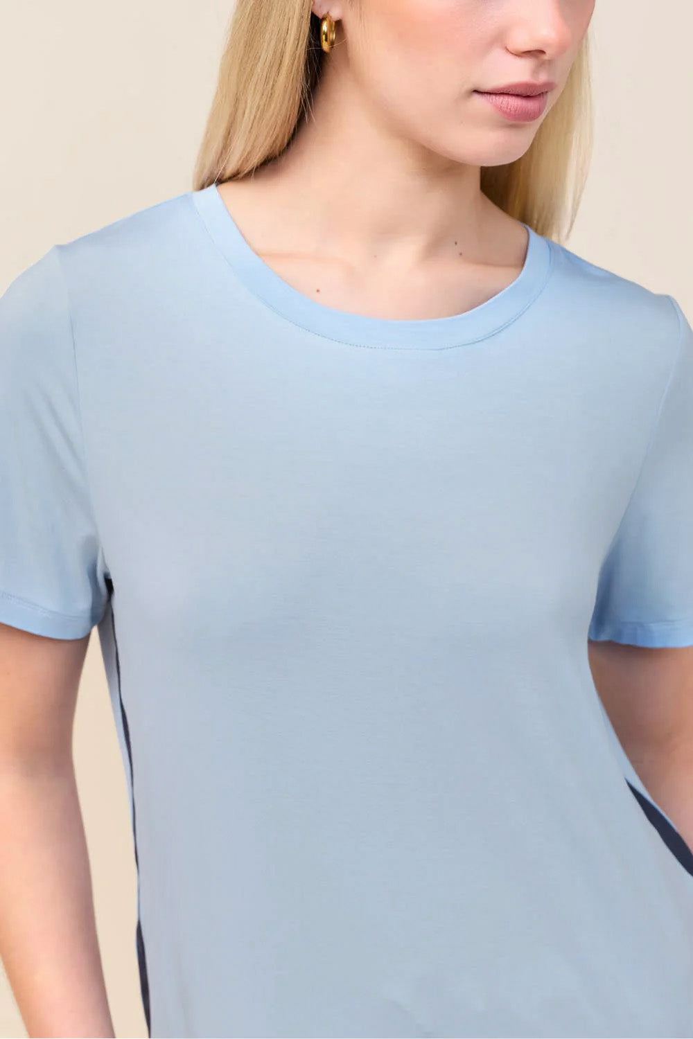 Close-up of the Bronte Bamboo T-Shirt with Stripe in Blue, showing the crew neckline