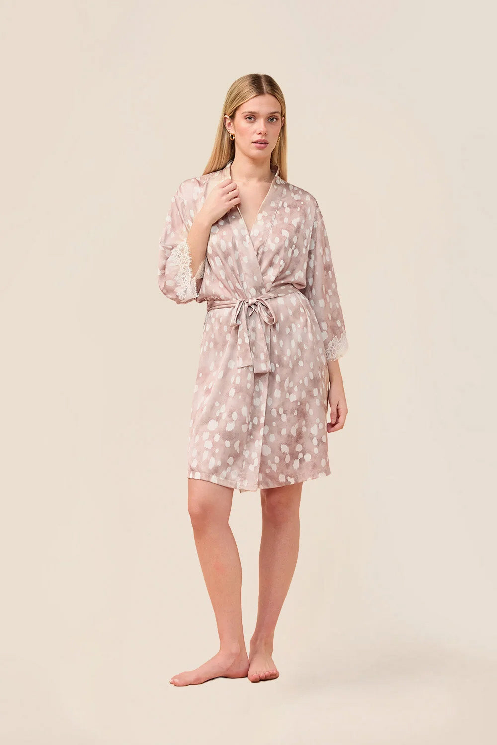 Woman wearing the Hadley Bambi Print Robe in Brown, front view with tie waist