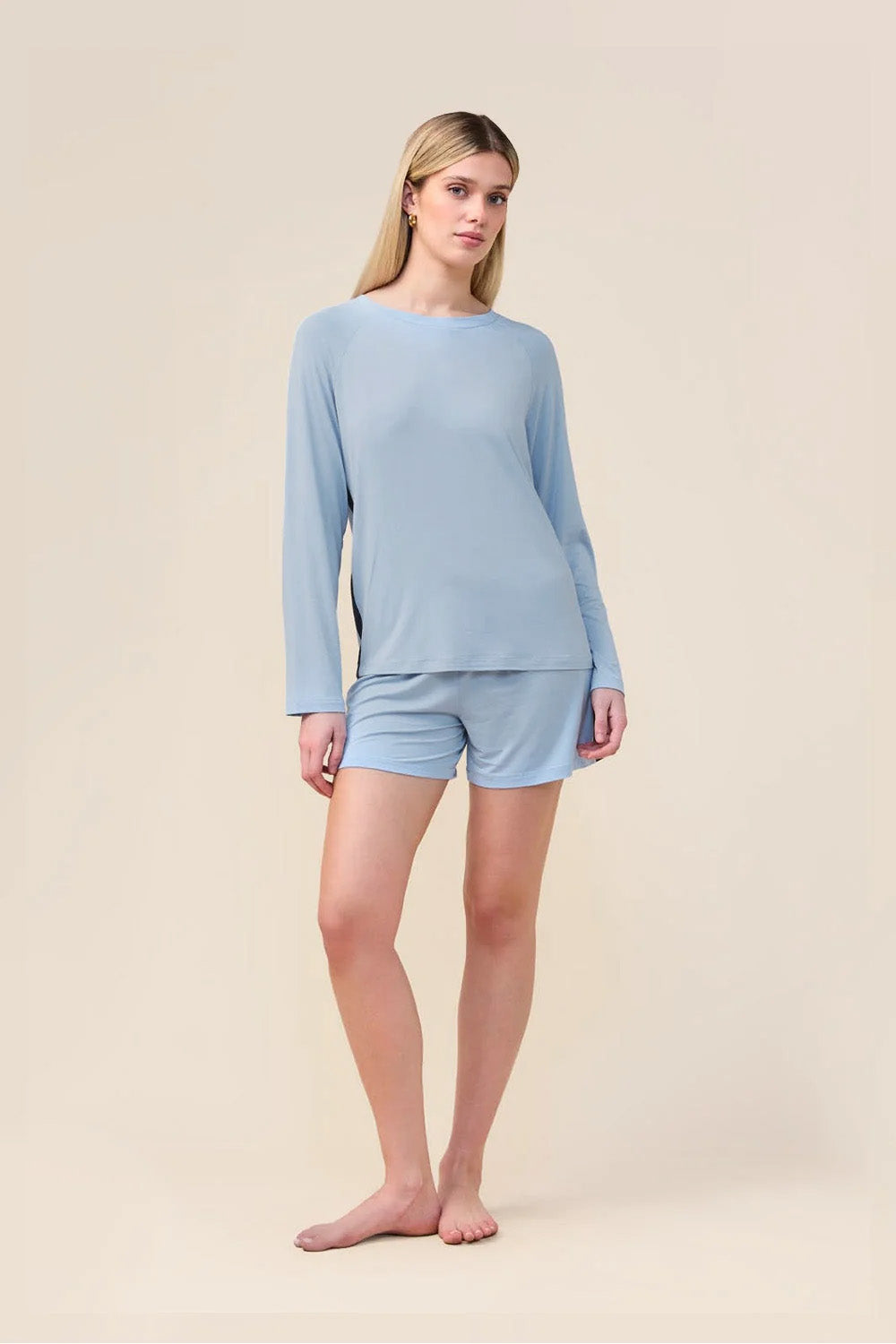Woman wearing the Pippa Bamboo Shorts with Stripe in Blue, front view