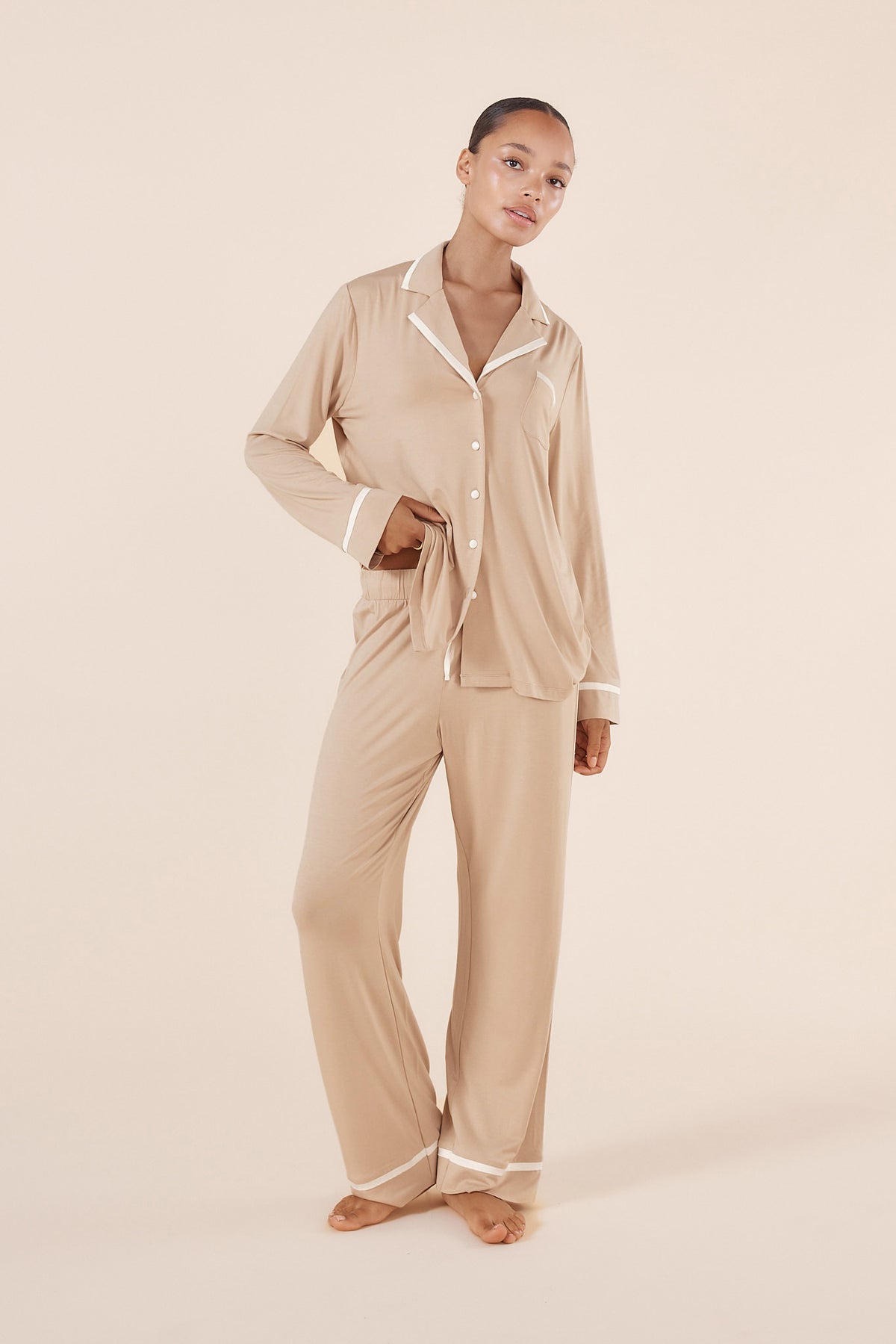 Gingerlilly Janine Natural Bamboo PJ Set - Beige - Front