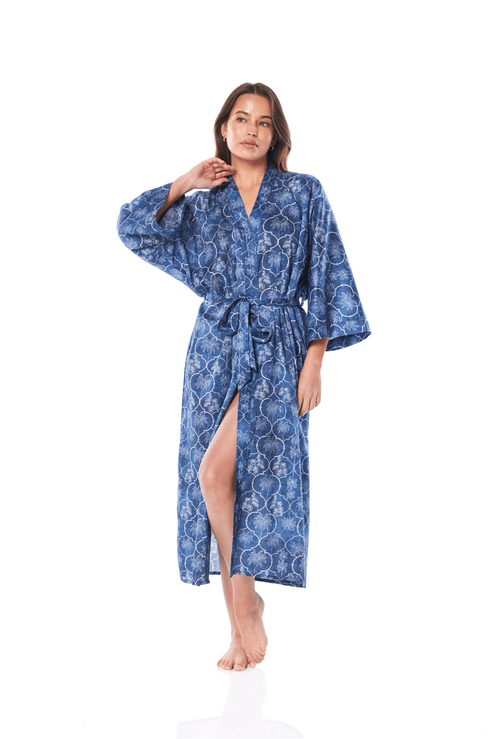 Kelsey Blue Palm Print Robe - Gingerlilly Sleepwear