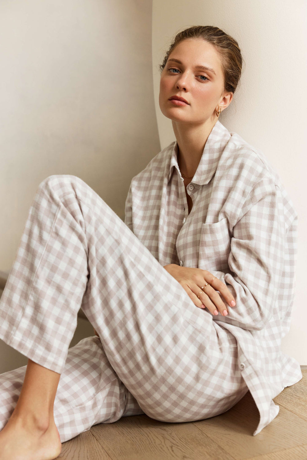 Women's Brushed Cotton Gingham Pyjama Set Beige Pyjama by