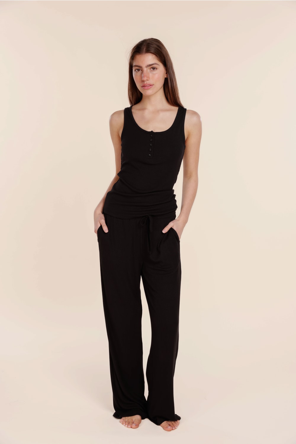 Gingerlilly Liberty Ribbed Singlet Henley Top - Black - Front
