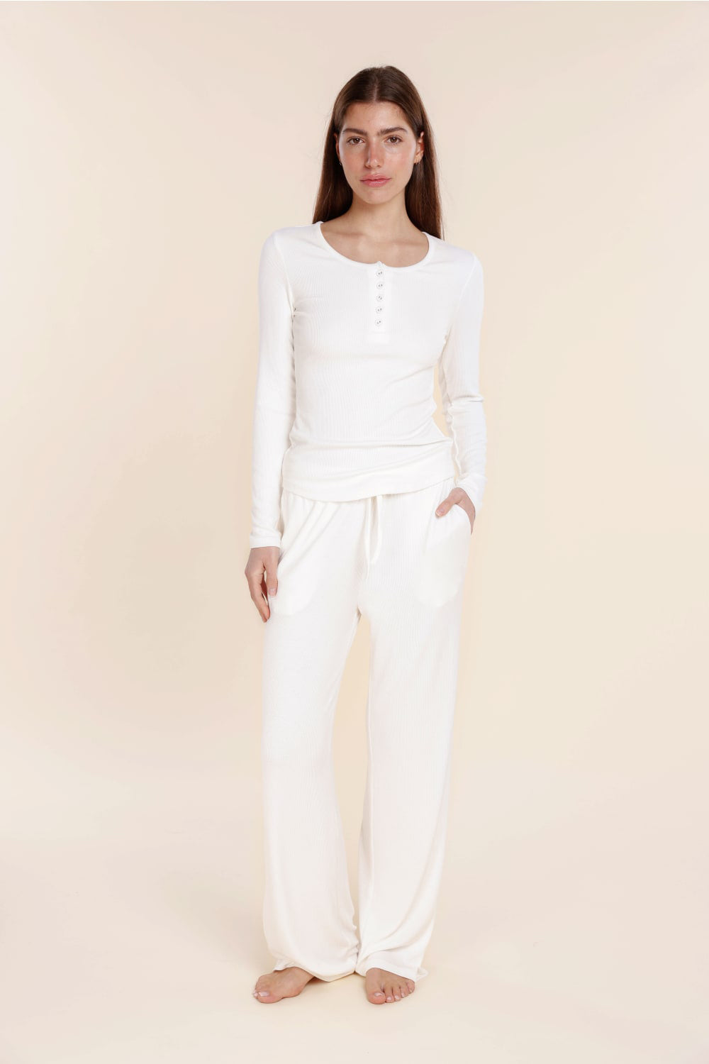 Gingerlilly Lille Ribbed Long Sleeve Henley Top - White - Front