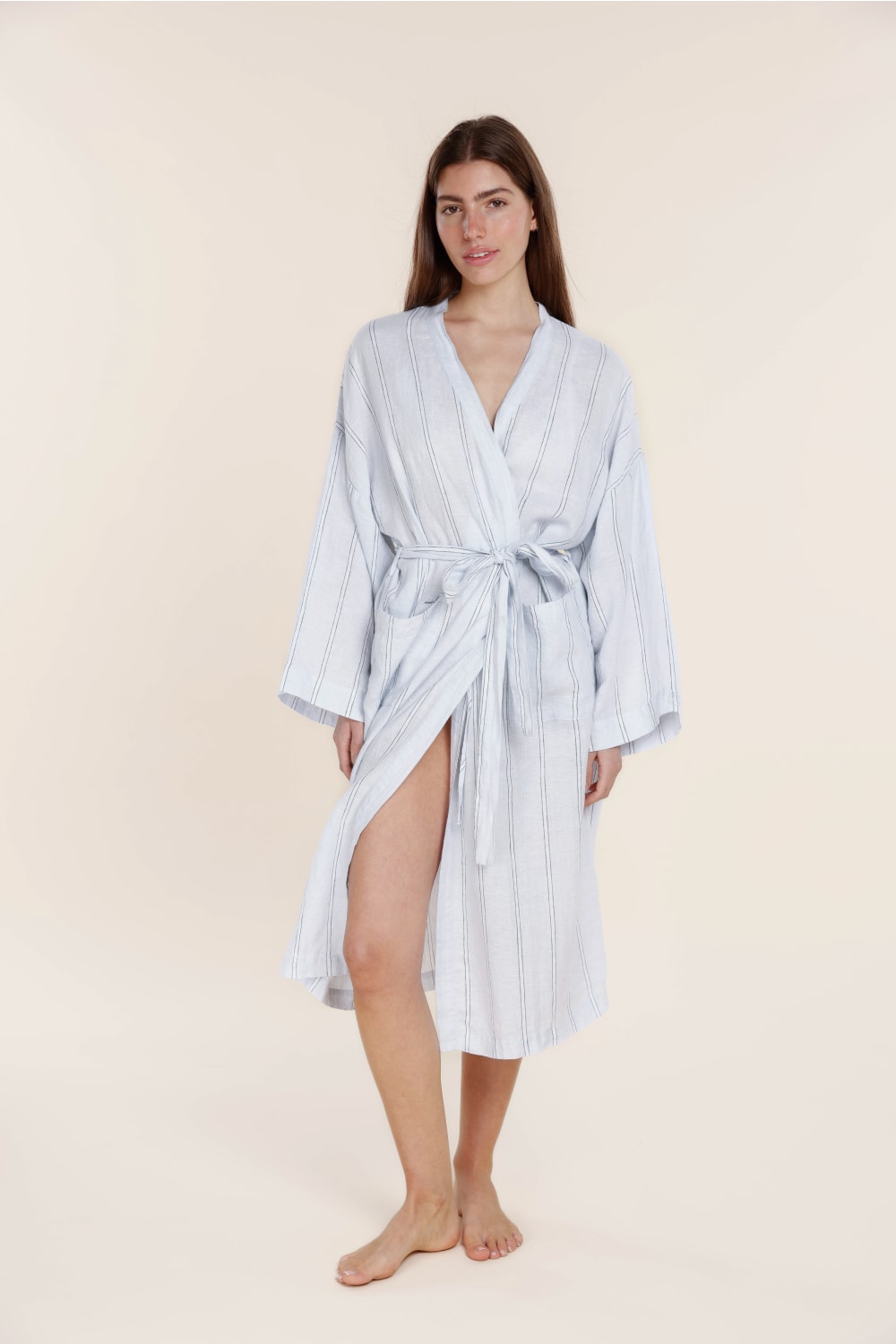 Gingerlilly Rosalind Linen Robe - Blue Stripe - Side