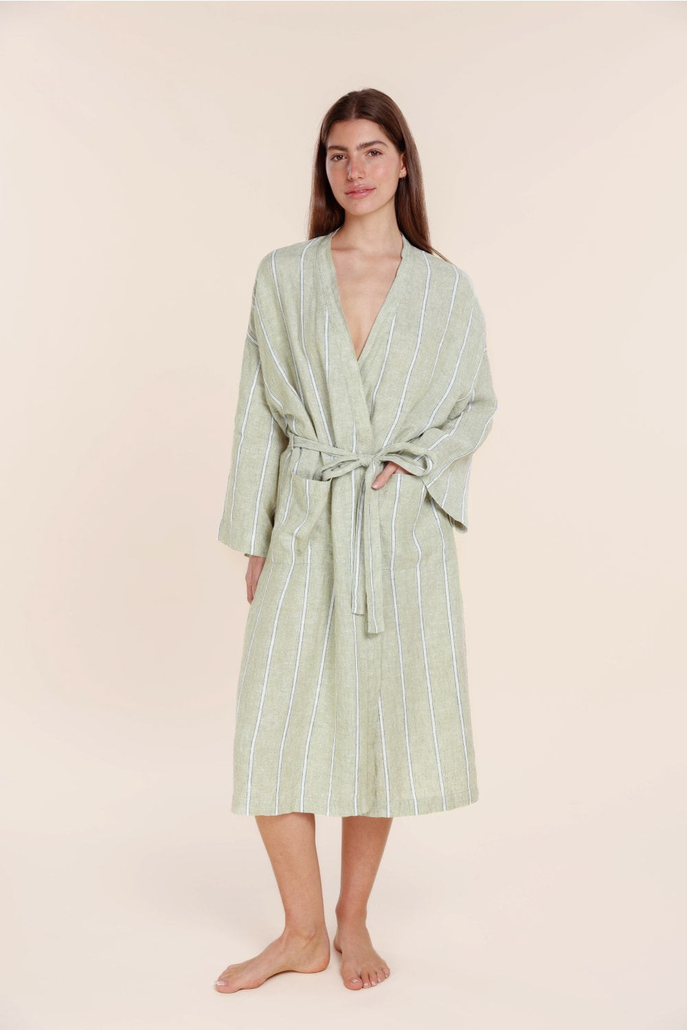 Gingerlilly Rosalind Linen Robe - Olive Stripe - Front