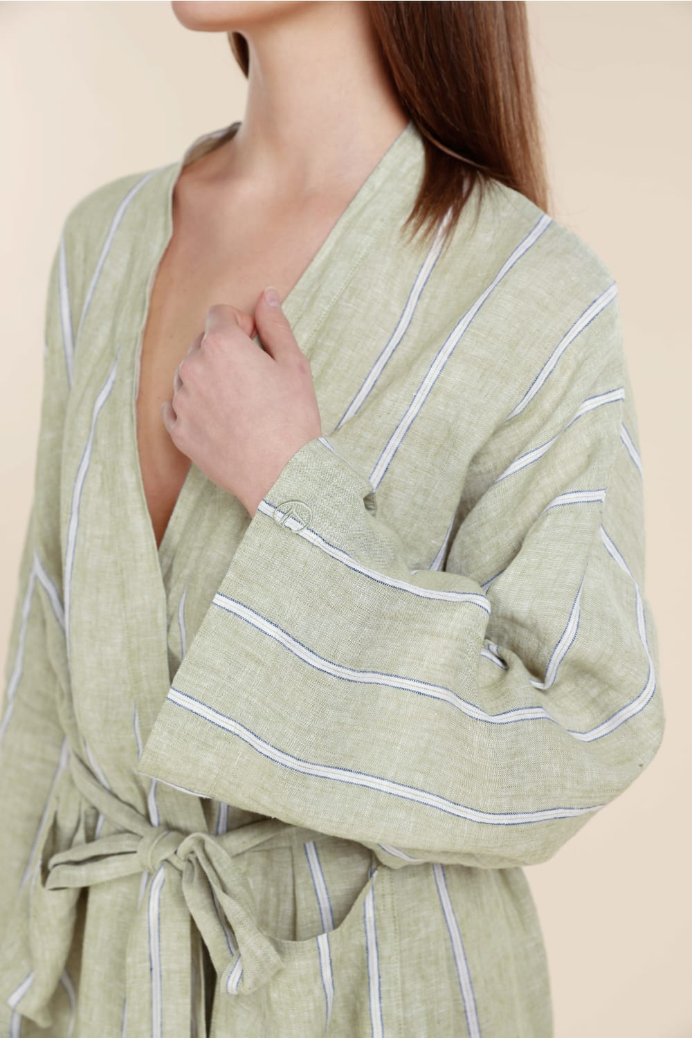 Gingerlilly Rosalind Linen Robe - Olive Stripe - Detail alt