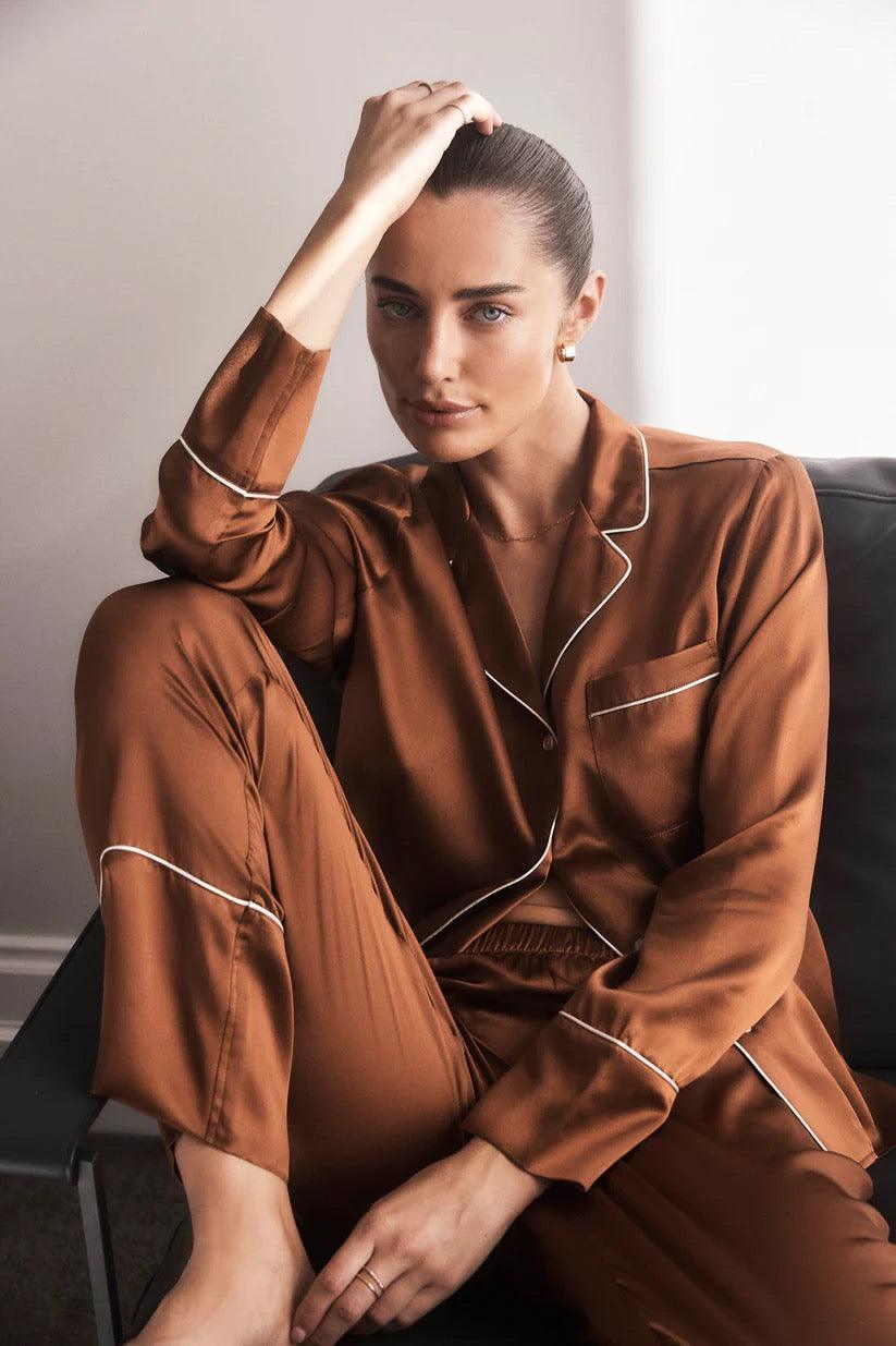 Titiana Brown Satin Long PJ Set Gingerlilly Sleepwear