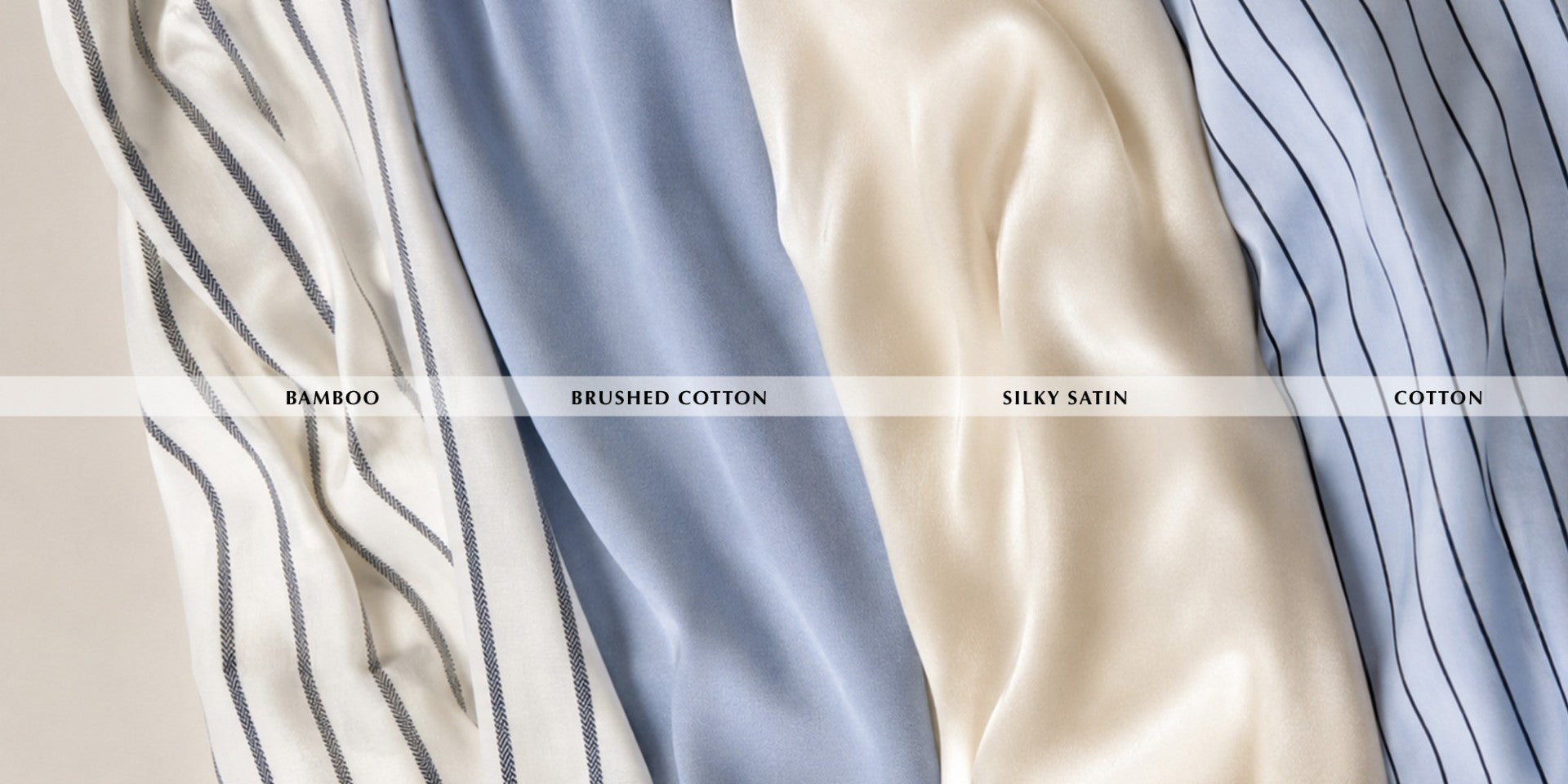 Fabric comparison of Gingerlilly bamboo, brushed cotton, silky satin and cotton pyjama fabrics