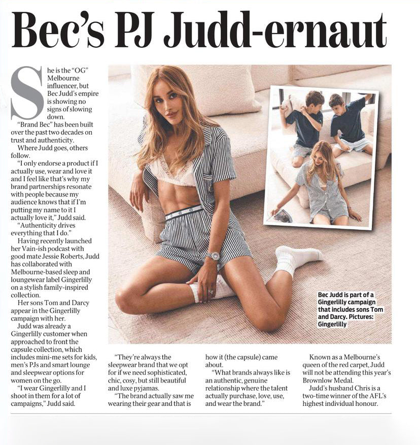 Herald Sun feature on Bec Judd wearing a grey striped Gingerlilly pyjama set with her sons for the brand's family campaign