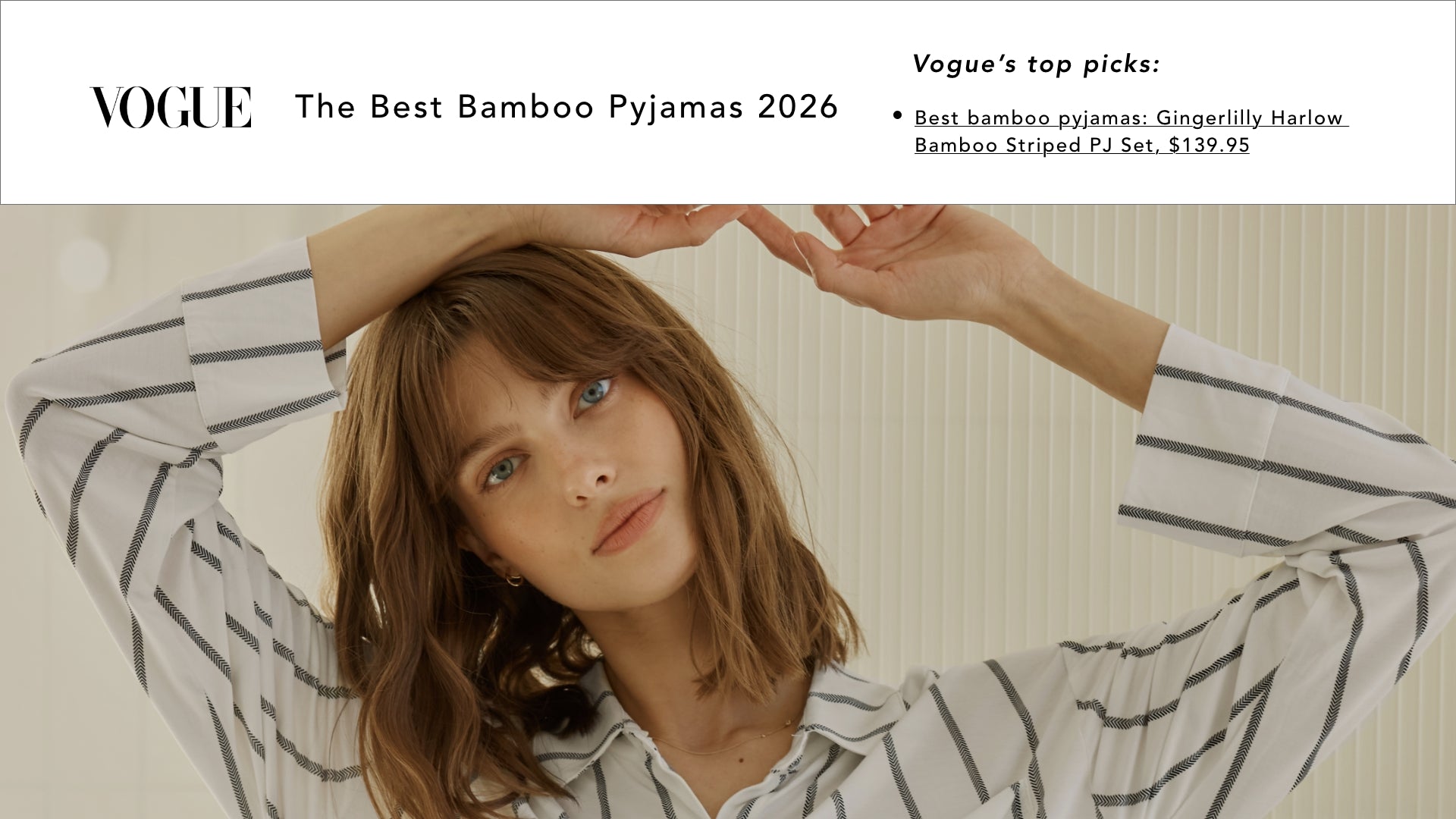 Vogue Australia's The Best Bamboo Pyjamas 2026 feature naming Gingerlilly's Harlow Bamboo Striped PJ Set a top pick