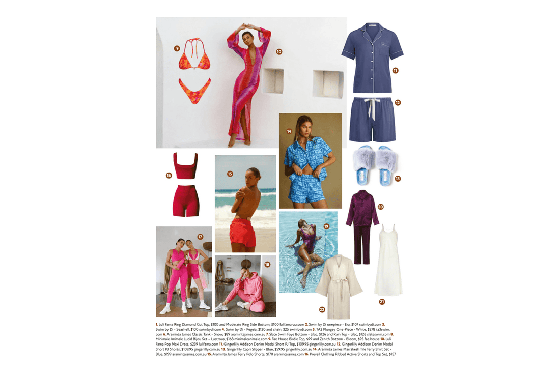 Collage of Gingerlilly Sleepwear including pajamas, robes, activewear, swimwear, and slippers in cotton, bamboo, and modal.