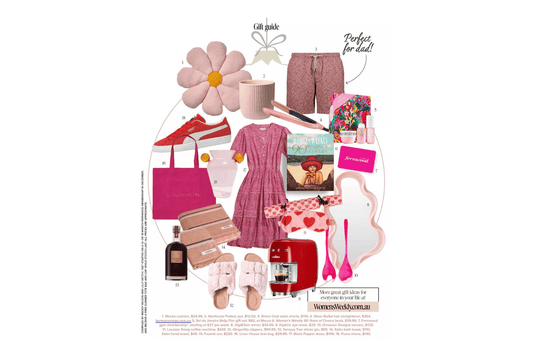 Gift guide collage featuring Gingerlilly Sleepwear pink dress, slippers, homewares, and accessories