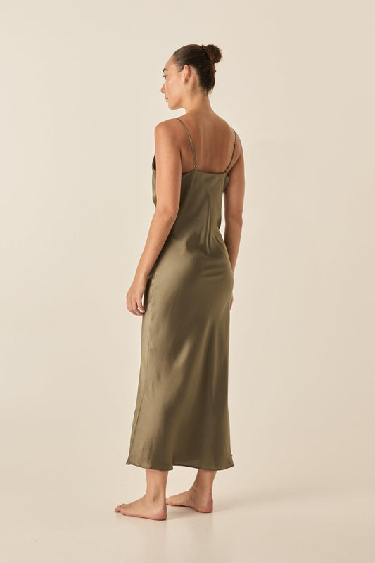 Fern Olive Silky Satin Long Chemise | Gingerlilly Sleepwear