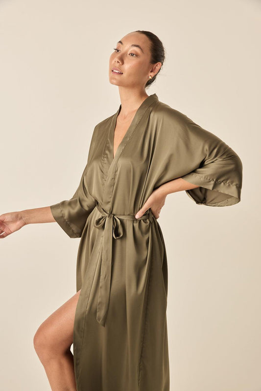 Florence Olive Satin Robe | Gingerlilly Sleepwear