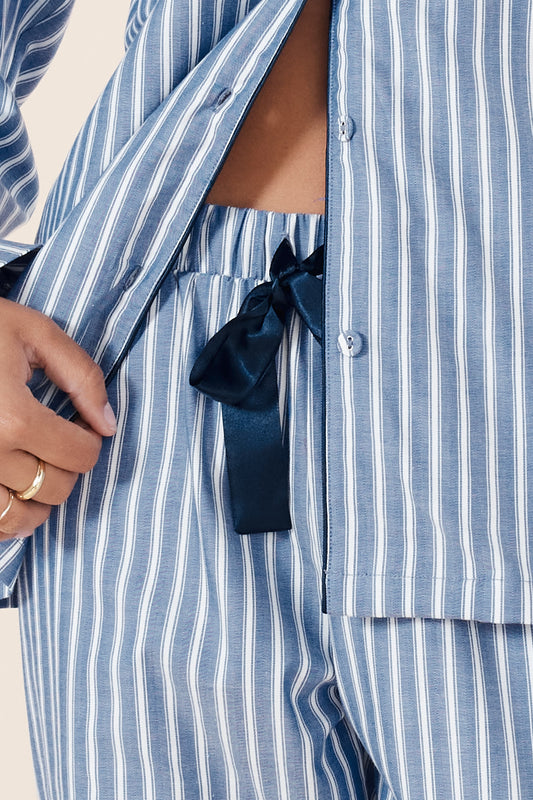 Classic Striped Cotton Pyjama Set | Blue & White with Navy Piping